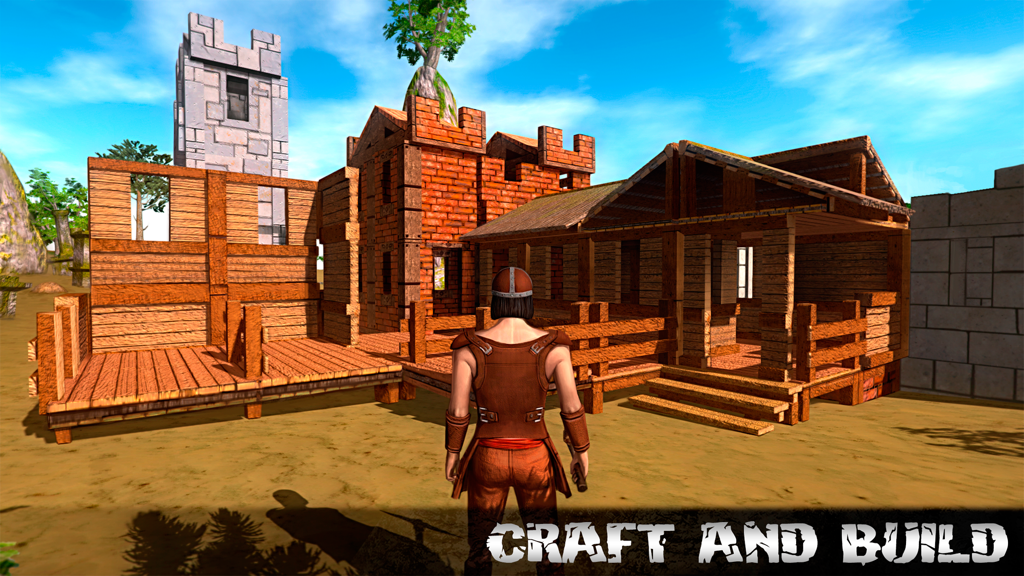 Survival Island 2017 - Savage 2 - Character standing in front of a wooden house and stone tower on a sandy beach