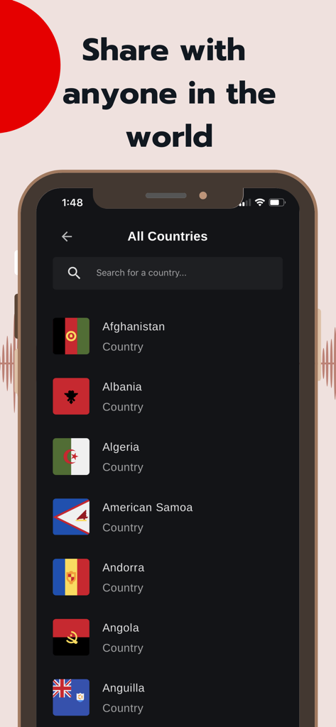 Bible - Audio & Video Bibles - Capture d'écran de l'application Bible.is sur mobile affichant une liste de pays avec leurs drapeaux et une barre de recherche sous le titre « Partager avec n'importe qui dans le monde ».