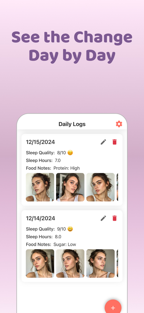 Glowify app screen showing daily skin logs with photos, sleep metrics, and nutrition notes.