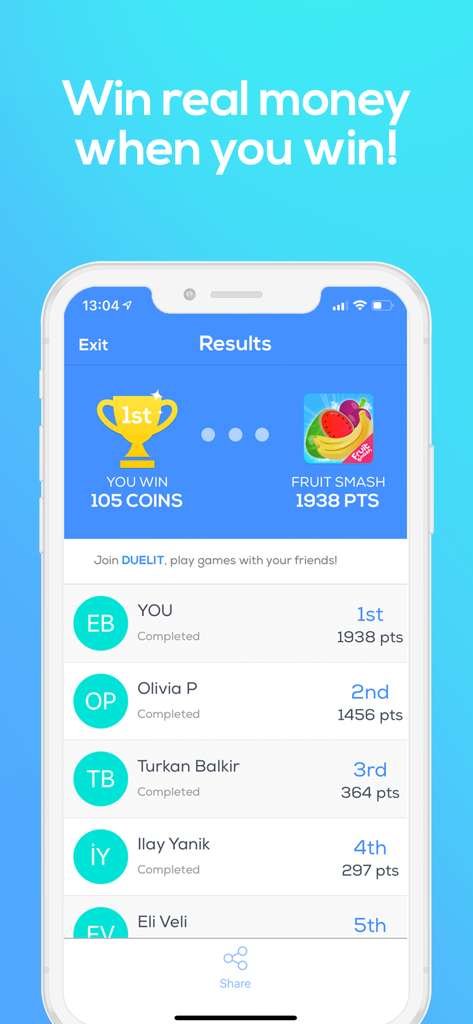 Duelit app results screen showing a first place win in Fruit Smash and coins earned.