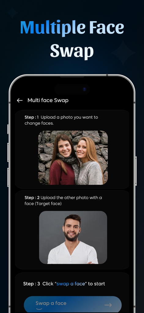 Mobile app interface showing three steps to swap multiple faces in a photo using AI