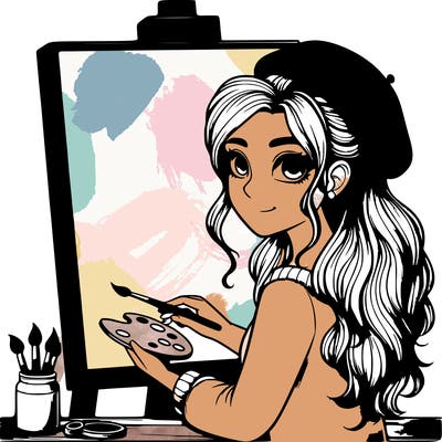 realistic girl artist painting a blank canvas