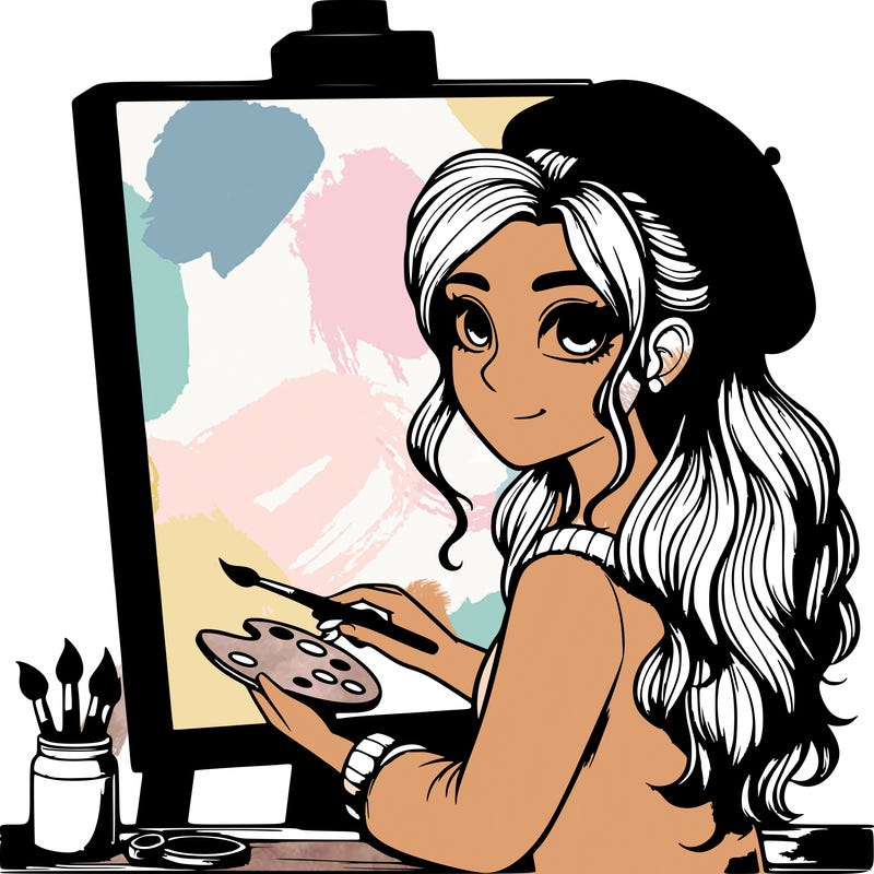 realistic girl artist painting a blank canvas