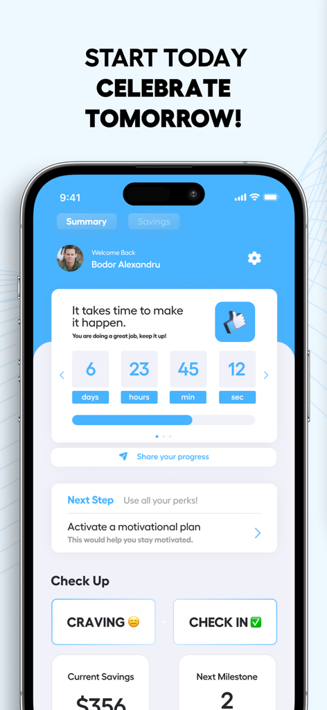 GambleStop: Quit Gambling - Écran de résumé de l'application GambleStop montrant le temps écoulé depuis le dernier pari et le suivi des économies financières