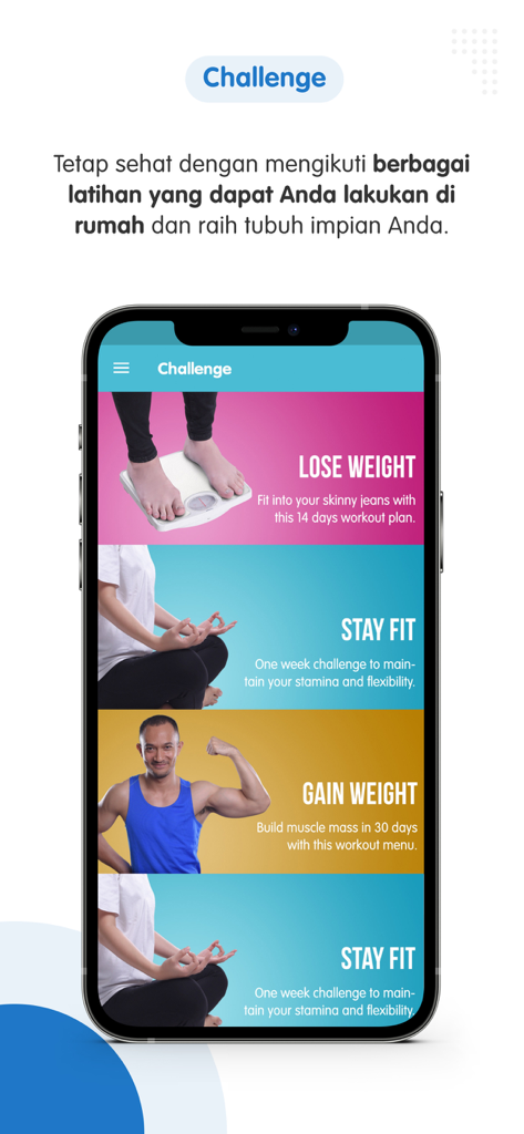 Garda Mobile - Medcare - Tela do aplicativo Garda Mobile Medcare exibindo vários desafios de fitness e saúde, como perda de peso e ganho muscular