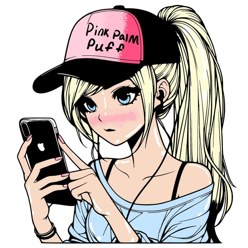 realistic girl with a long ponytail and trucker hat holding an iphone