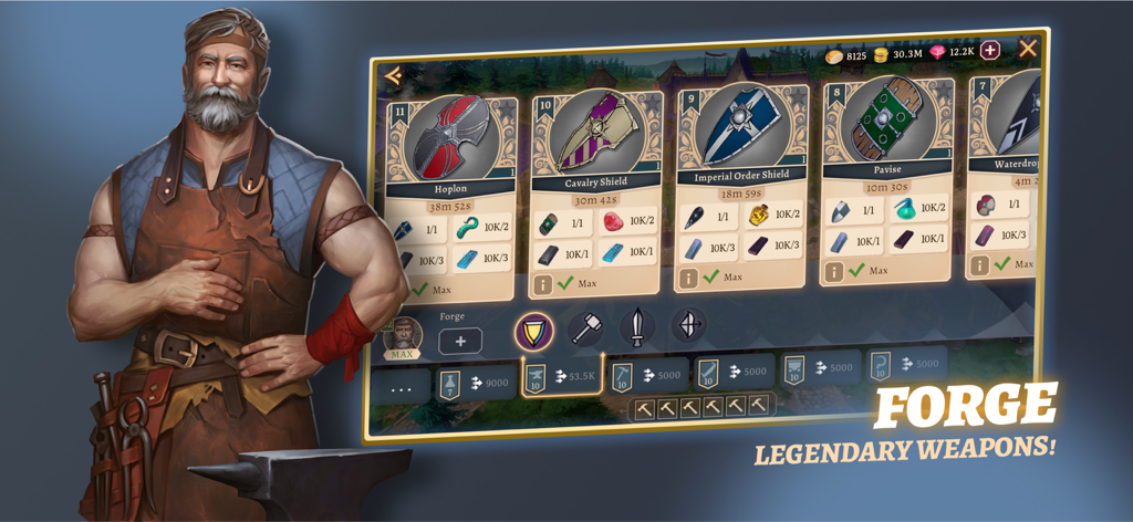 Battlesmiths: Medieval Life - 鍛冶屋のキャラクターが、様々な中世の盾と武器をクラフトするためのメニューの隣に立っている。