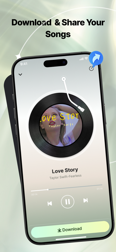 A music player interface in the Tone AI app showing options to download and share generated songs.