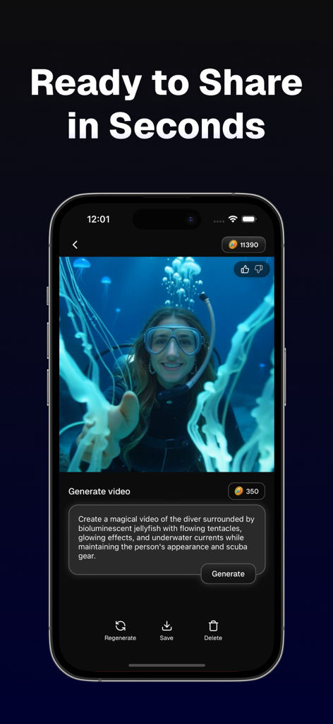 AI Video Generator - VidaxAI - VidaxAI app interface showing an AI generated video of a scuba diver with bioluminescent jellyfish.