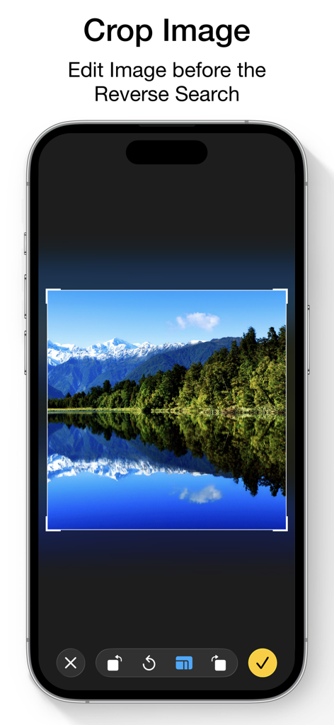 Benutzeroberfläche der mobilen App mit dem Zuschneidewerkzeug zum Bearbeiten eines Bildes vor der Durchführung einer Rückwärtssuche.