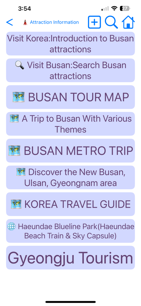Un elenco di guide di viaggio e informazioni sulle attrazioni di Busan nell'app