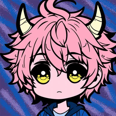 anime boy chibi with fluffy hair cow ears cow horns