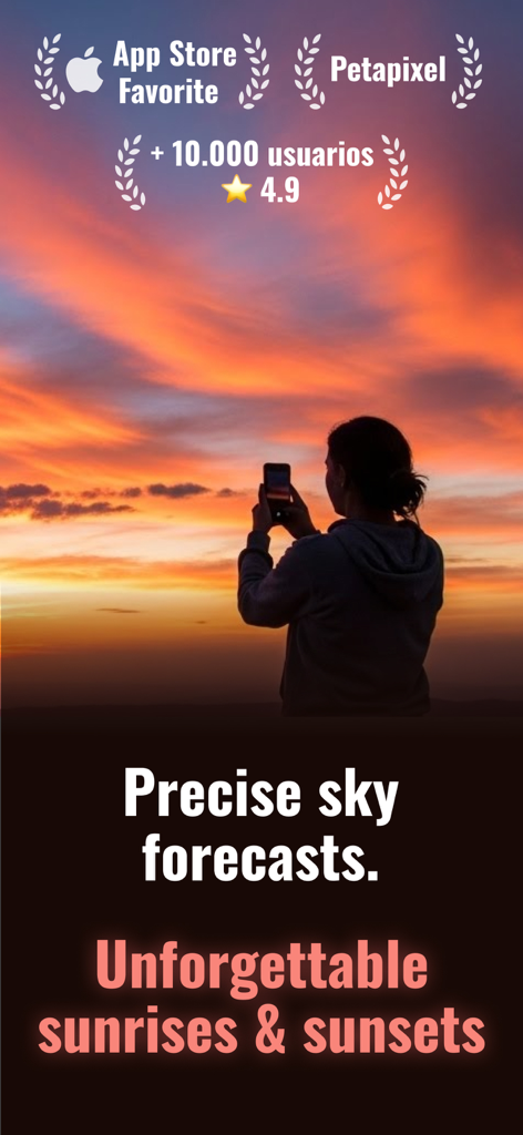 Sunset Prediction AI : Solora - A person taking a photo of a vibrant orange sunset with Solora app text about precise sky forecasts