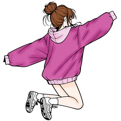 realistic girl jumping with a bun and oversized sweatshirt