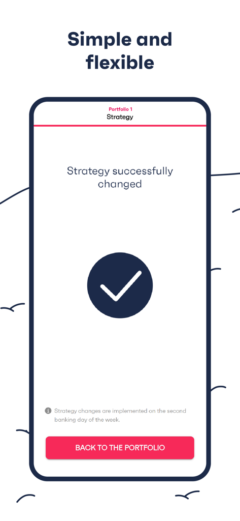 finpension - A mobile screen from the finpension app showing a successful strategy change confirmation with a checkmark icon.