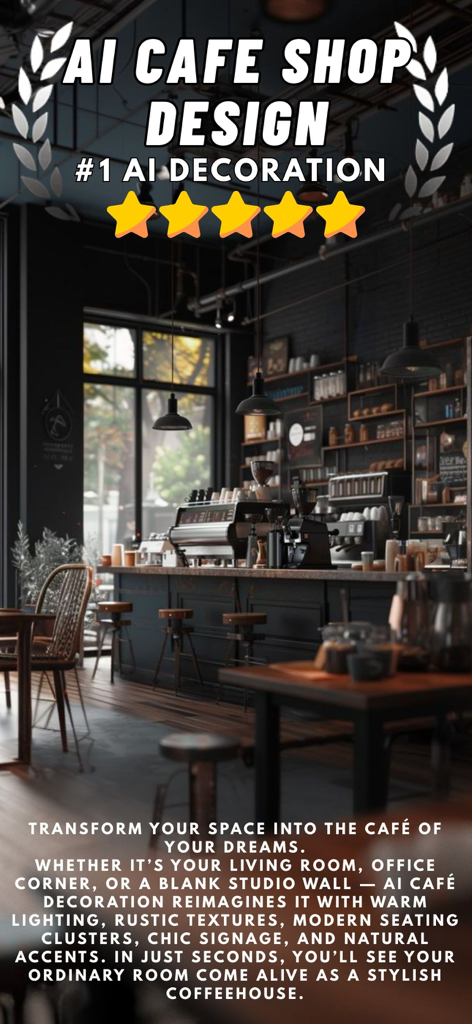 A modern industrial cafe interior design created by the AI Cafe app