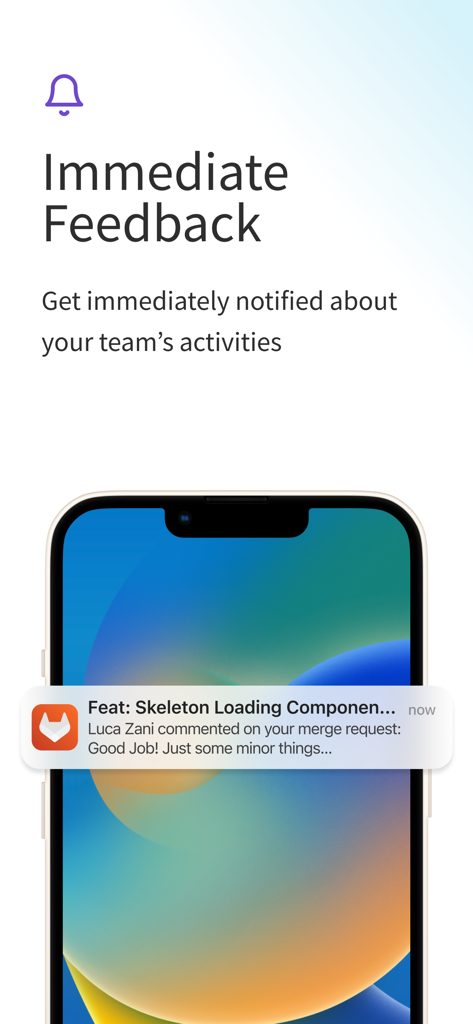 Ping For Gitlab - Pantalla de smartphone mostrando una notificación push de GitLab para un comentario de solicitud de integración