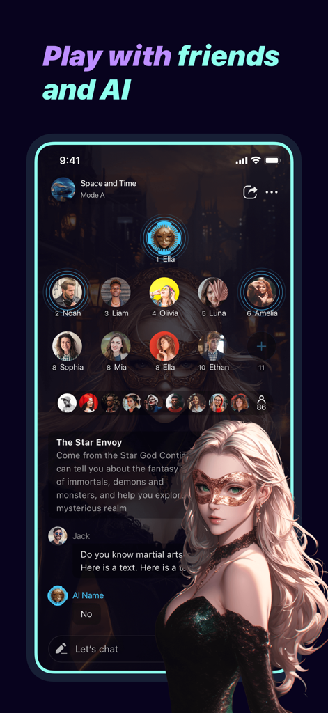TanStar - Interfaz de la aplicación TanStar que muestra una sala de chat multijugador donde los amigos interactúan con un personaje compañero de IA.