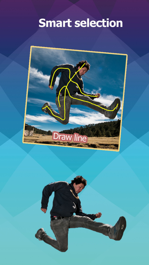 A demonstration of the Aftercut smart selection feature cutting out a person from a background by drawing lines