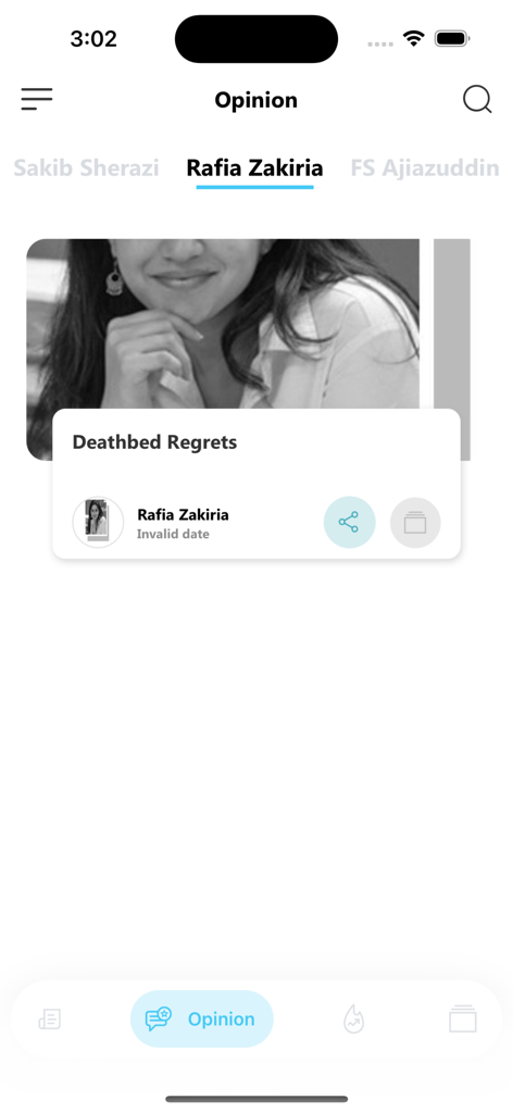 A screenshot of the News Hunt app showing the opinion section with featured articles from columnists