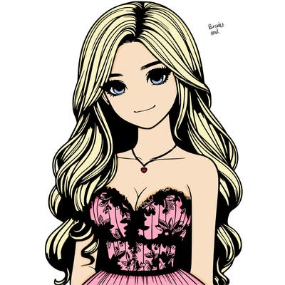 realistic girl with long hair and pretty prom dress