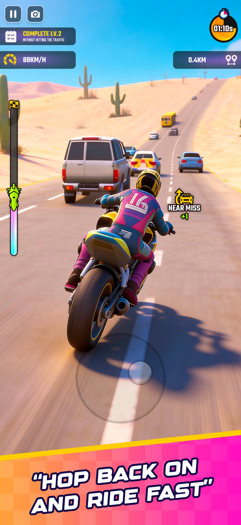 Rush Bike 3D: Bike Racing Game - Motorcycle racing through traffic on a desert highway in Rush Bike 3D