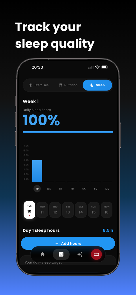 HeightMax app screenshot showing sleep quality tracking with a daily sleep score of 100 percent