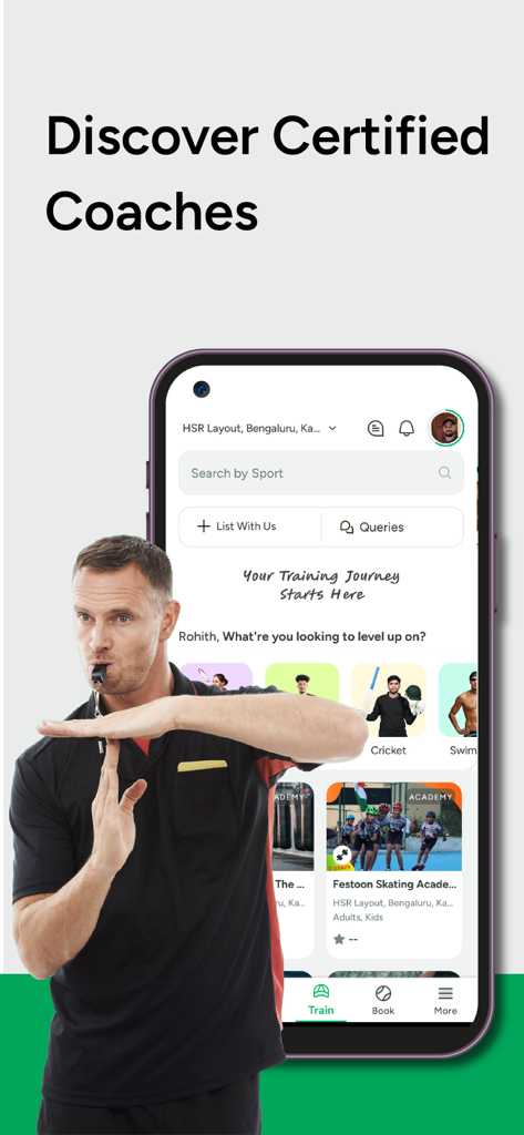 Playo - Sports Community App - Smartphone displaying the Playo app interface to find certified sports coaches and academies