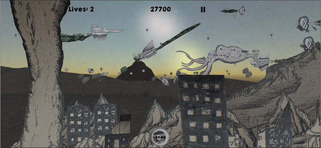 Jugabilidad de Weltraum Tinte con gráficos de tinta dibujados a mano, con una nave espacial y criaturas alienígenas