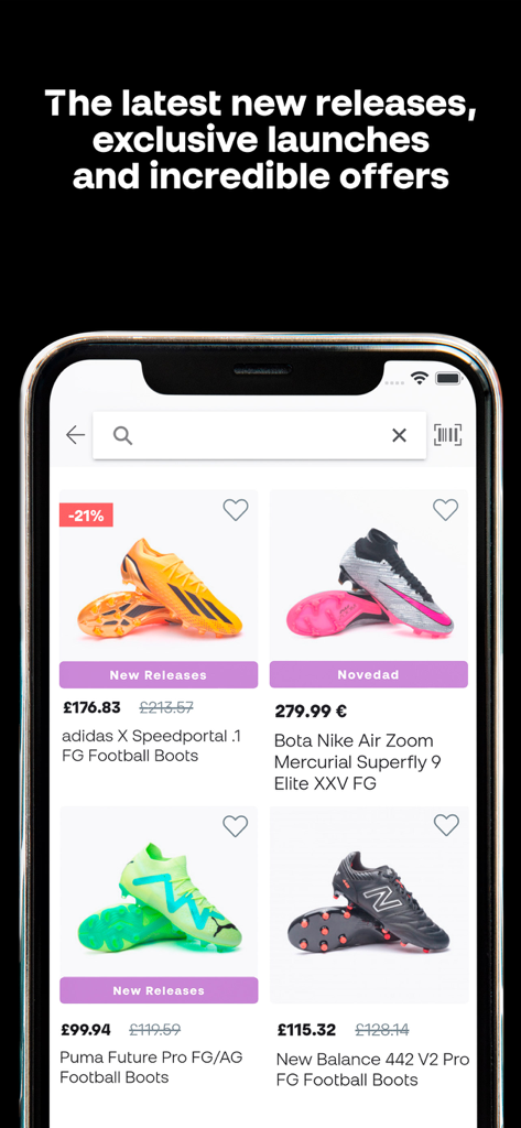 Fútbol Emotion - Fútbol Emotion mobile app screen displaying a catalog of football boots from top brands like Adidas, Nike, Puma, and New Balance with promotional offers.