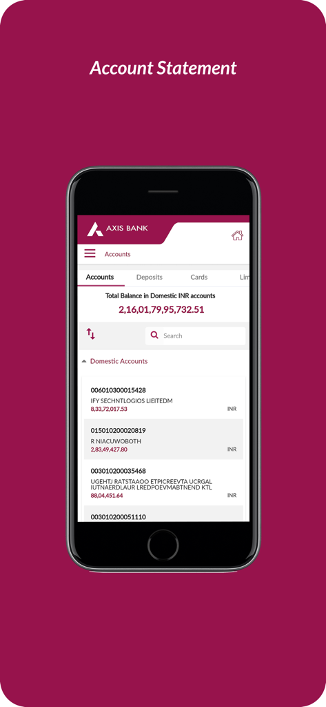 Axis Mobile - Corporate - Axis Mobile Corporate app interface showing a list of domestic accounts and total balance in INR.