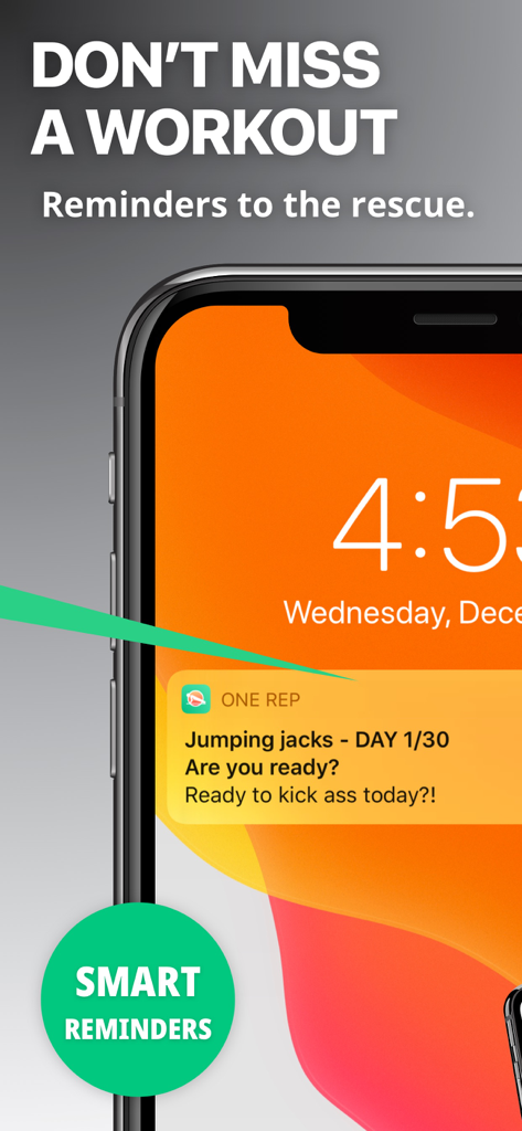 30 Day Fitness Workout at Home - Smartphone displaying a daily workout reminder notification from the 30 Day Fitness app.