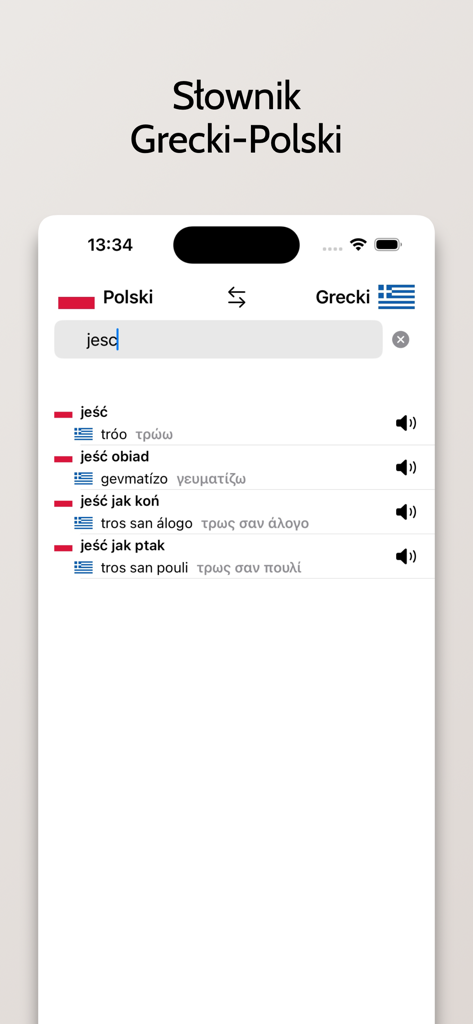 Słownik Grecki-Polski - A mobile app interface of a Greek-Polish dictionary showing translation results and audio icons for pronunciation.