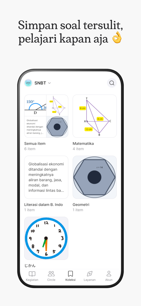Analitica: Bantu Lolos Seleksi - Screen of Analitica app showing a collection of saved exam questions and study materials categorized by subject.