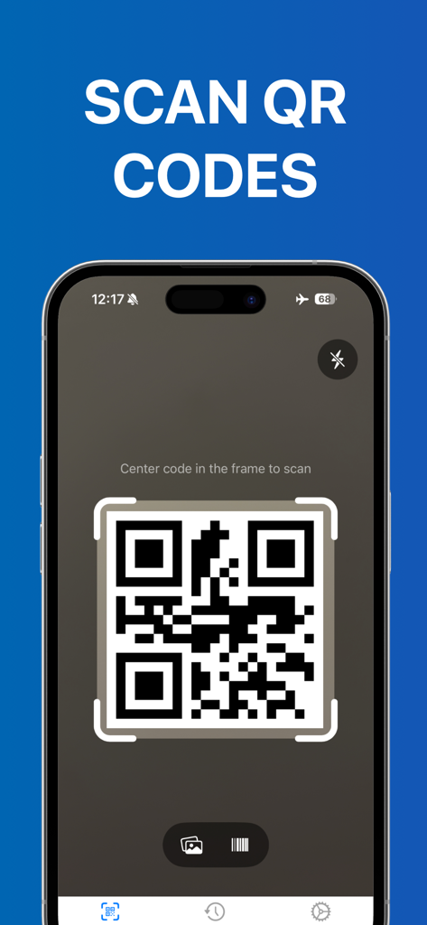 iPhone screen displaying the QR Code and Barcode Scanner plus app scanning a QR code