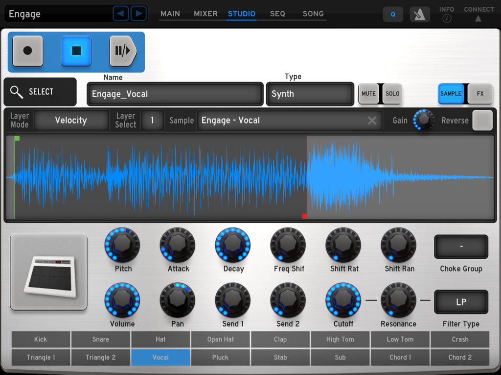 Arturia iSpark - Arturia iSpark app studio interface showing vocal sample editing and sound design knobs