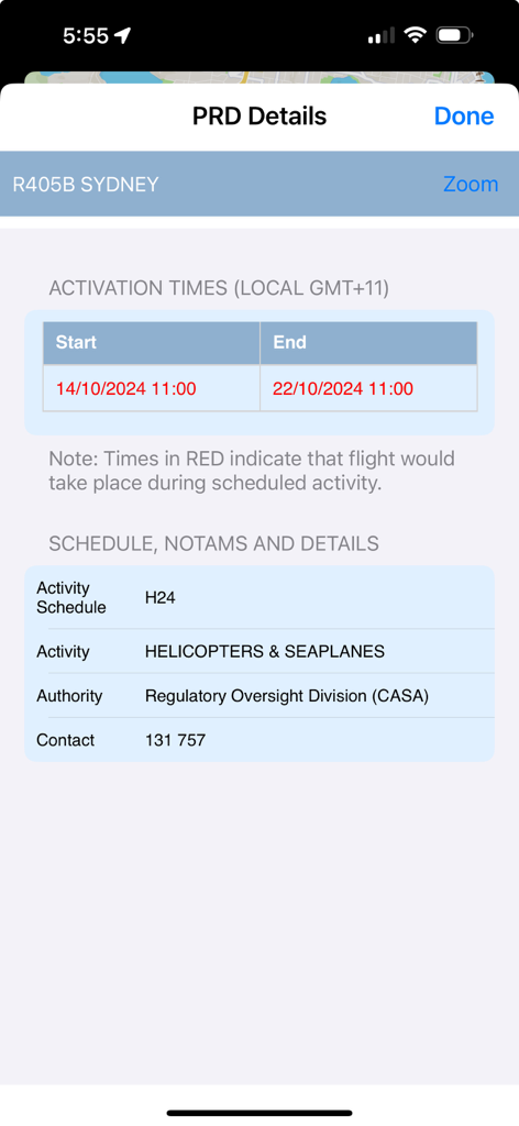 ok2fly app displaying PRD details for Sydney including activation times and helicopter activity schedules