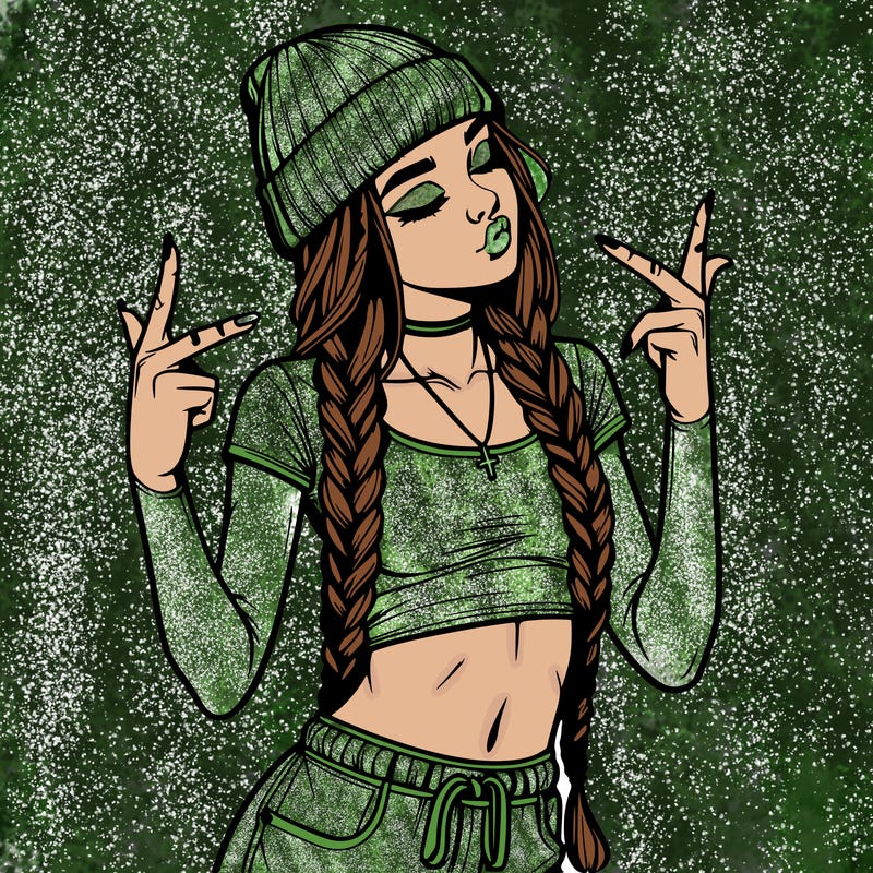 realistic teenage girl with braids and a beanie and crop top doing 🫶🏼