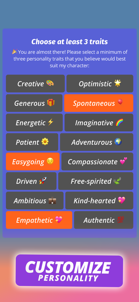 Interfaz para seleccionar rasgos de personalidad como espontáneo y empático para personalizar un amigo de IA en la aplicación LUX.