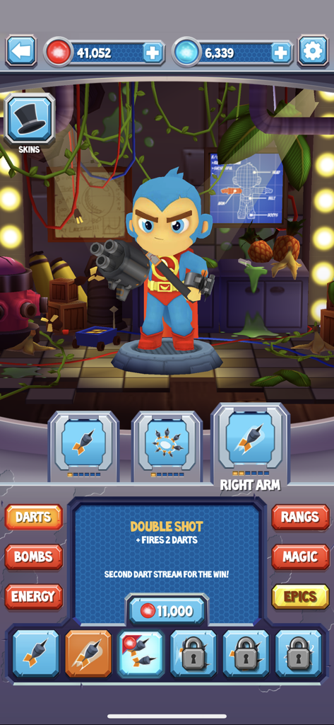 Bloons Supermonkey 2 - Bloons Supermonkey 2 character customization screen showing weapon upgrades and equipment for the Super Monkey.