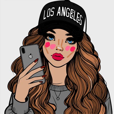 realistic beautiful girl wearing los ángeles cap holding an iphone