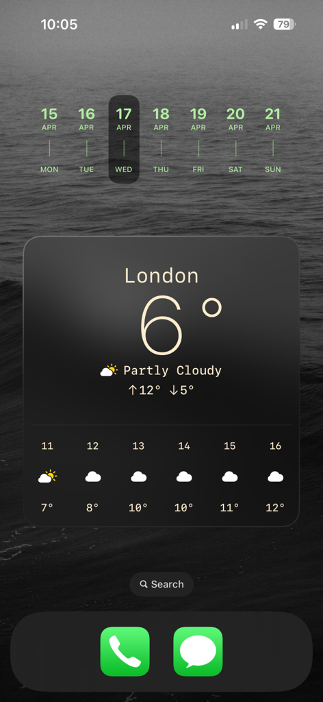 Blank Widget Transparent Space - Aesthetic iPhone home screen featuring a dark sea wallpaper with minimalist weather and calendar widgets
