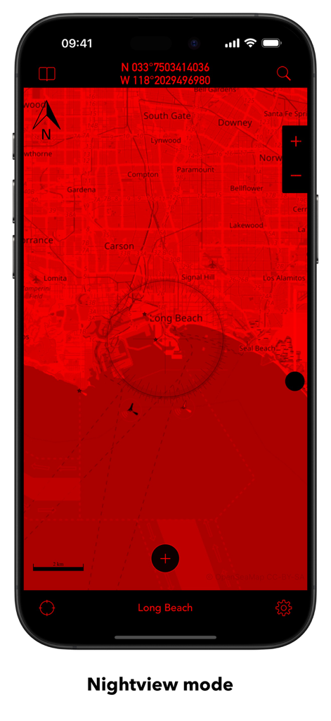 OpenSeaMap - OpenSeaMap mobile app interface showing a red nightview mode map of Long Beach
