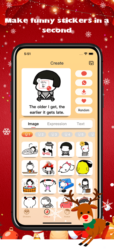 Interface of the Christmas Stickers and Emoji app showing the sticker maker feature with custom text and templates.