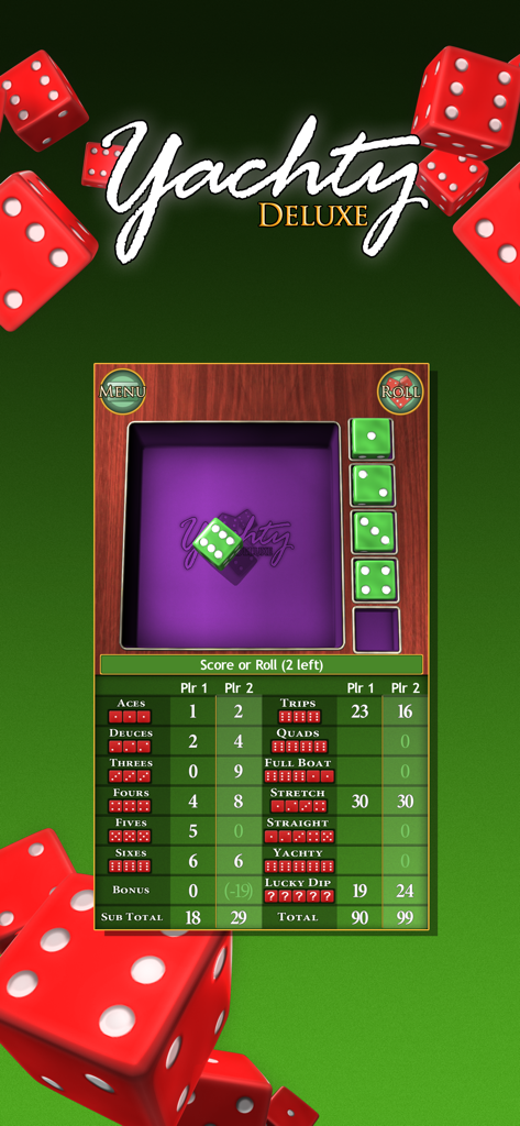 Yachty - Yachty Deluxe game interface showing 3D dice and a two player scoreboard