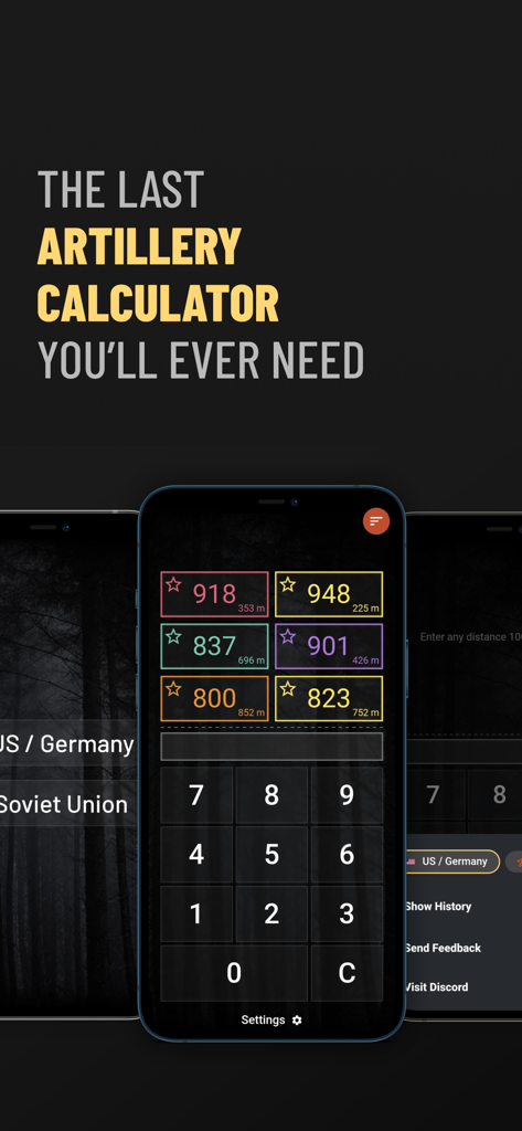 Interface of the HLL Artillery Calculator app for Hell Let Loose game showing mils conversion and faction selection