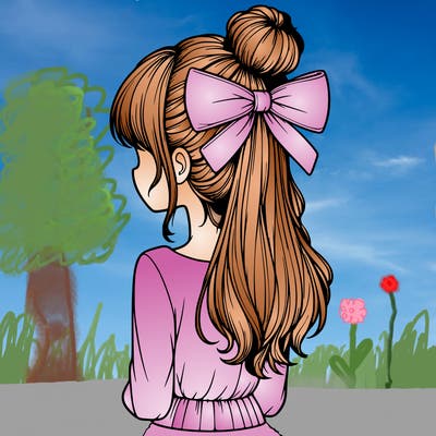 realistic girl  with hip length hair a bun and a big bow on the back of head