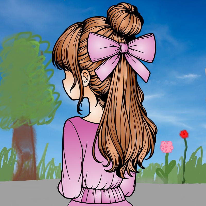 realistic girl  with hip length hair a bun and a big bow on the back of head