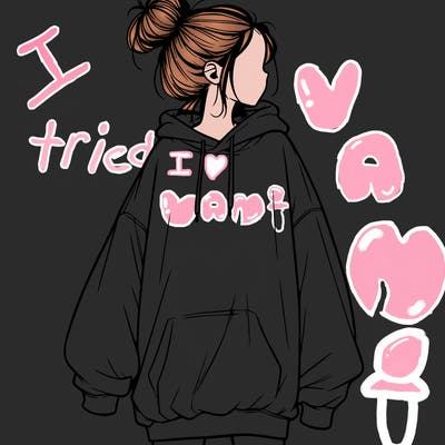 realistic girl with a oversized sweatshirt on and a bun