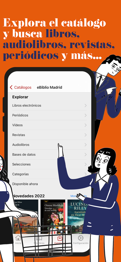 Captura de pantalla de la página del catálogo de la app eBiblio que enumera categorías como libros electrónicos, periódicos y revistas en español.